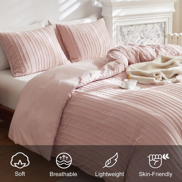 Boho Duvet Cover Striped Textured Duvet Cover Set Tufted Bedding Set  Pink - Picture 3 of 8